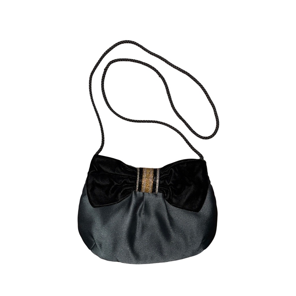 Vintage Black Satin Evening Bag Velvet Bow Beaded Crossbody Formal Purse Clutch